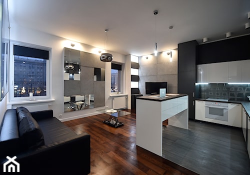 THE BEST IN WARSAW PLAC KONSTYTUCJI - Duży biały czarny szary salon z kuchnią, styl nowoczesny - zdjęcie od HENDI Design