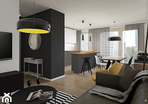 Mieszkanie dla singla - Mały czarny szary salon z kuchnią z jadalnią, styl nowoczesny - zdjęcie od Anna Mażewska