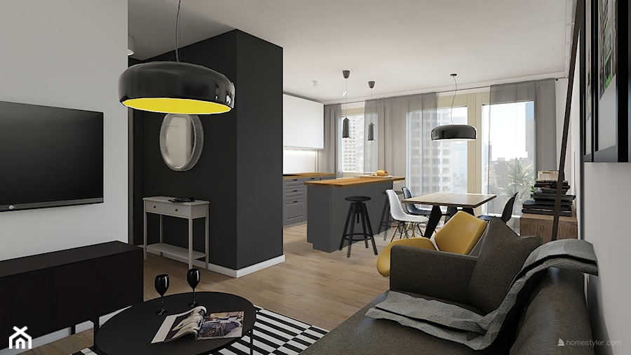 Mieszkanie dla singla - Mały czarny szary salon z kuchnią z jadalnią, styl nowoczesny - zdjęcie od Anna Mażewska