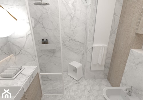 APARTAMENT NAD MORZEM - Średnia z lustrem z marmurową podłogą łazienka - zdjęcie od MANUKA pracownia projektowa