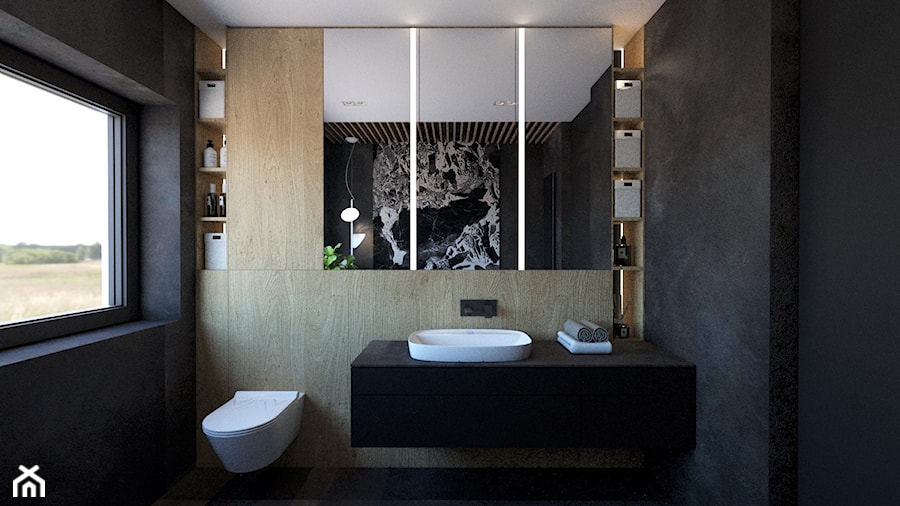 DOM W RUDZICY - Mała z lustrem z punktowym oświetleniem łazienka z oknem, styl nowoczesny - zdjęcie od MANUKA pracownia projektowa