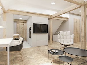 MIESZKANIE NA PODDASZU - Mały biały szary salon z jadalnią, styl skandynawski - zdjęcie od MANUKA pracownia projektowa