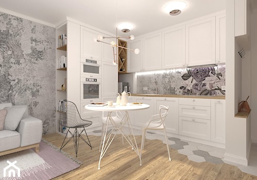 MIESZKANIE MŁODEJ KOBIETY - Średnia otwarta z salonem biała szara z zabudowaną lodówką z podblatowym zlewozmywakiem kuchnia w kształcie litery l z marmurem nad blatem kuchennym, styl glamour - zdjęcie od MANUKA pracownia projektowa