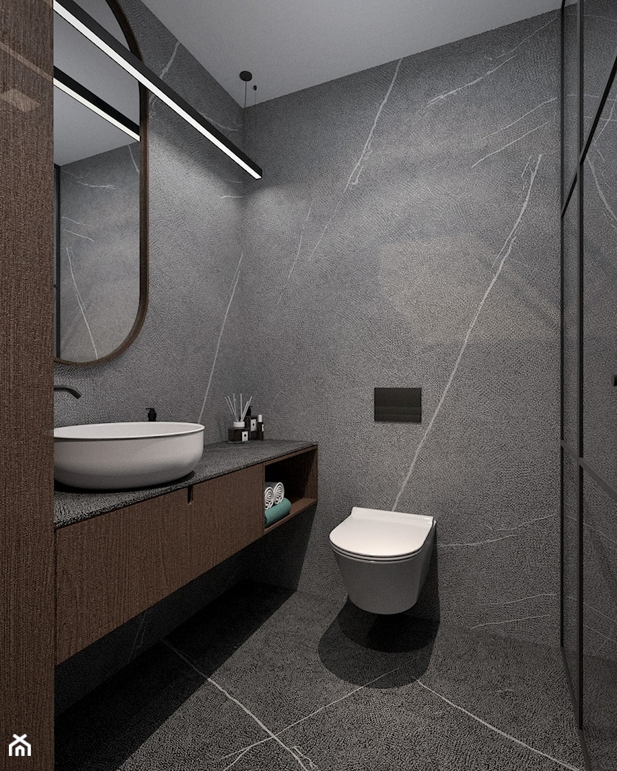 MIESZKANIE W KATOWICACH - Mała bez okna z lustrem z marmurową podłogą łazienka - zdjęcie od MANUKA pracownia projektowa