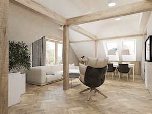 MIESZKANIE NA PODDASZU - Mały biały salon z jadalnią z tarasem / balkonem, styl skandynawski - zdjęcie od MANUKA pracownia projektowa