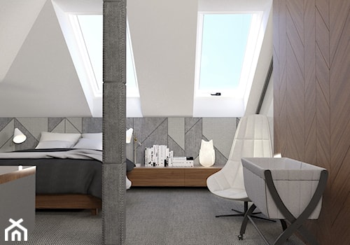 DOM W MYŚLENICACH DLA MŁODEJ PARY - Średnia biała szara sypialnia na poddaszu - zdjęcie od MANUKA pracownia projektowa