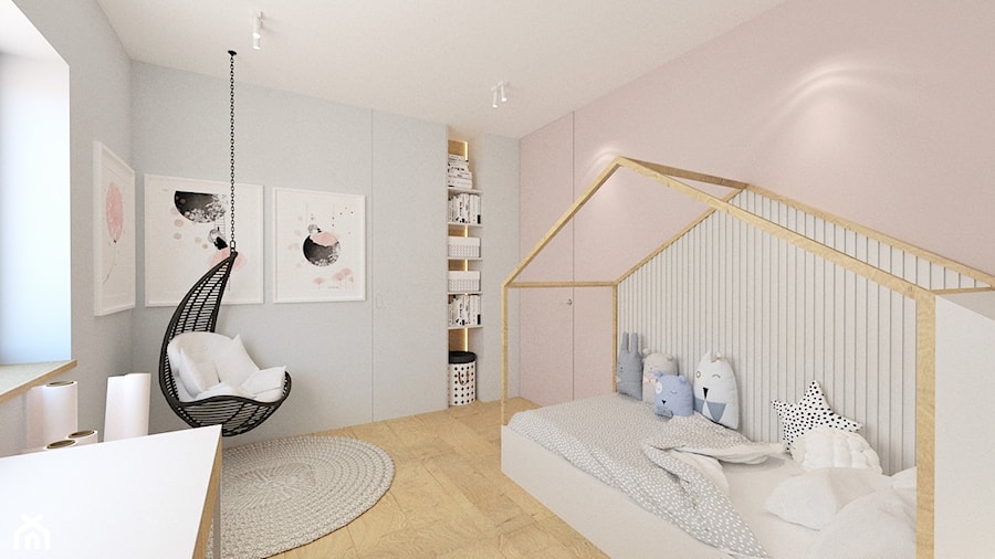 DOM W RUDZICY - Średni biały różowy szary pokój dziecka dla dziecka dla nastolatka dla dziewczynki, styl skandynawski - zdjęcie od MANUKA pracownia projektowa