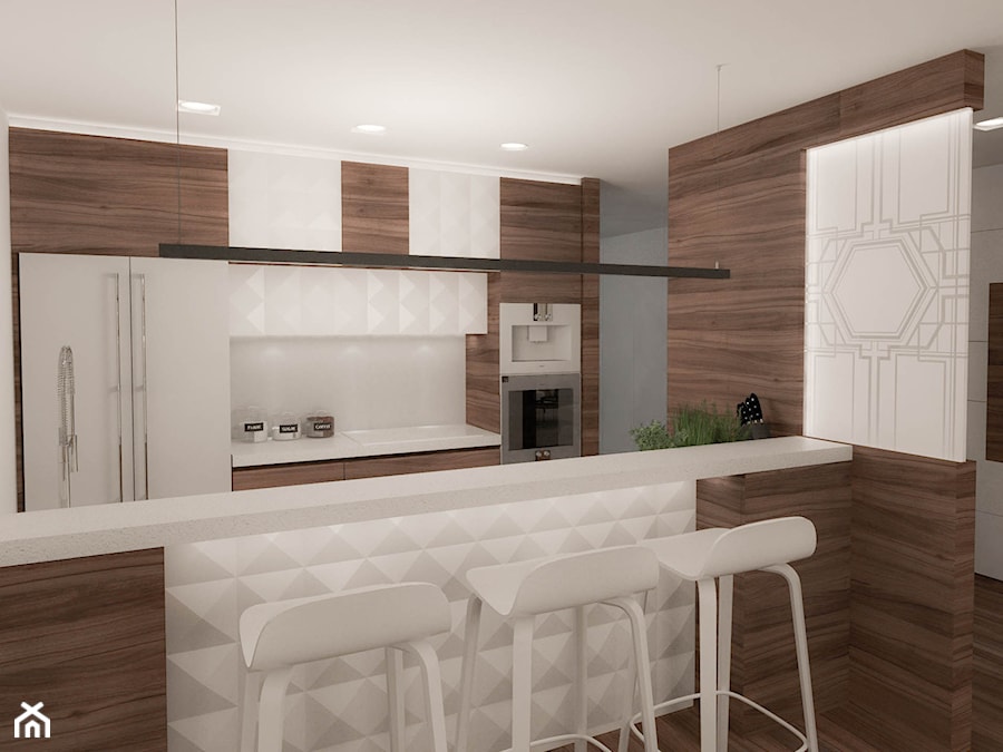 APARTAMENT W STYLU ARTDECO DLA KONESERA WINA - Średnia otwarta z salonem biała szara z zabudowaną lodówką z lodówką wolnostojącą kuchnia dwurzędowa z kompozytem na ścianie nad blatem kuchennym, styl glamour - zdjęcie od MANUKA pracownia projektowa