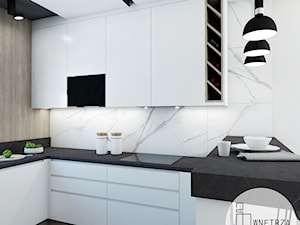 KUCHNIA z marmurem - Średnia otwarta biała z zabudowaną lodówką kuchnia w kształcie litery u z marmurem nad blatem kuchennym, styl nowoczesny - zdjęcie od IJ Studio