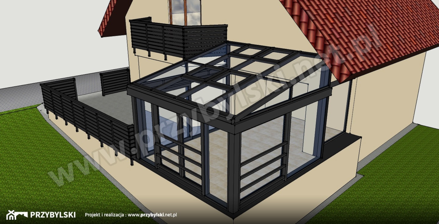 Projektu (wizualizacja) ogrodu zimowego na tarasie - zdjęcie od Przybylski Ogrody Zimowe & Konstrukcje aluminiowo-szklane - Homebook