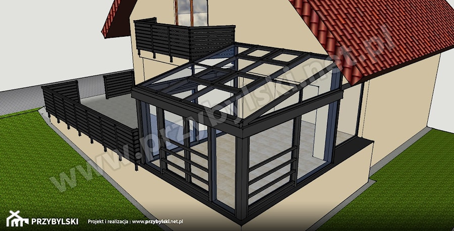 Projektu (wizualizacja) ogrodu zimowego na tarasie - zdjęcie od Przybylski Ogrody Zimowe & Konstrukcje aluminiowo-szklane