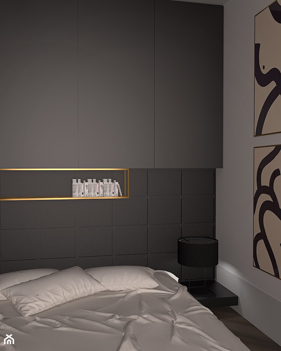 sypialnia - Biała szara z panelami tapicerowanymi sypialnia, styl minimalistyczny - zdjęcie od BEL_design