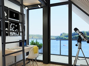 Wnętrze powtarzalnego projektu domu jednorodzinnego "MALUTKI" - Średnia biała z biurkiem sypialnia na poddaszu z balkonem / tarasem, styl nowoczesny - zdjęcie od V P S Architektura  Sebastian Olszewski