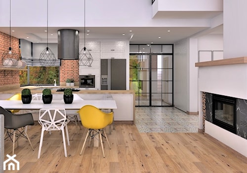 Projekt wnętrz domu jednorodzinnego - Średni biały salon z kuchnią z jadalnią, styl nowoczesny - zdjęcie od V P S Architektura  Sebastian Olszewski