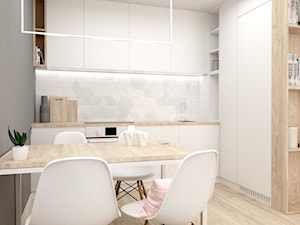 Mieszkanie w Lędzinach Middle Studio - Średnia otwarta biała szara z zabudowaną lodówką z nablatowym zlewozmywakiem kuchnia w kształcie litery l, styl nowoczesny - zdjęcie od Middle Studio