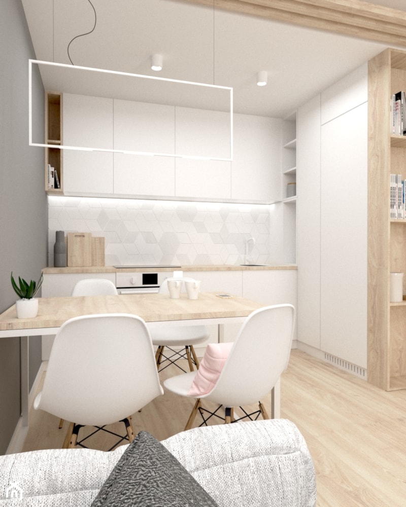 Mieszkanie w Lędzinach Middle Studio - Średnia otwarta biała szara z zabudowaną lodówką z nablatowym zlewozmywakiem kuchnia w kształcie litery l, styl nowoczesny - zdjęcie od Middle Studio