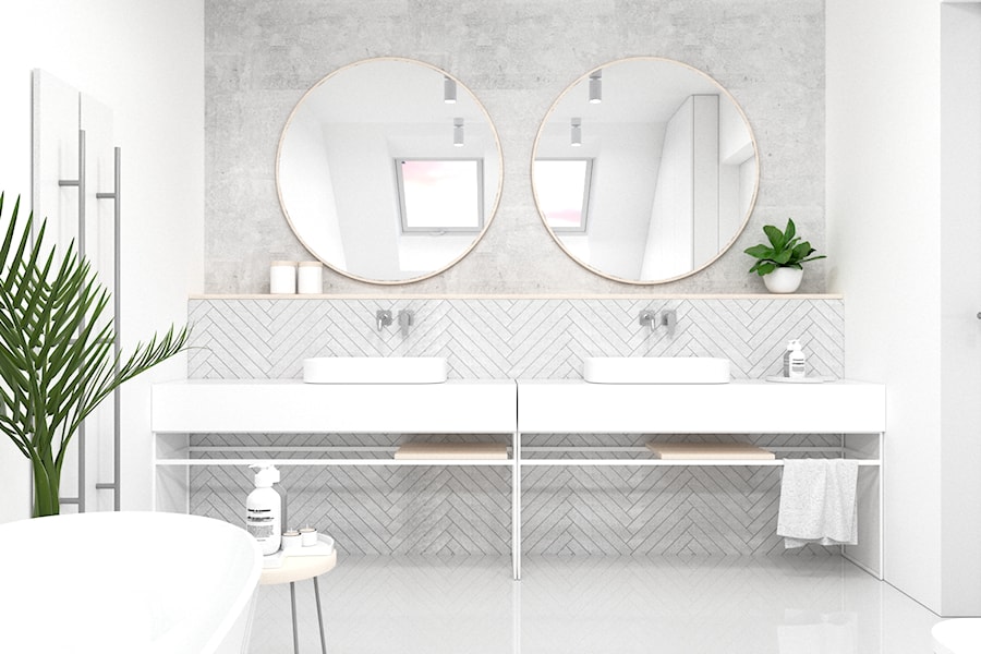 Dom w Tychach - Średnia na poddaszu z dwoma umywalkami z punktowym oświetleniem łazienka z oknem, styl nowoczesny - zdjęcie od Middle Studio
