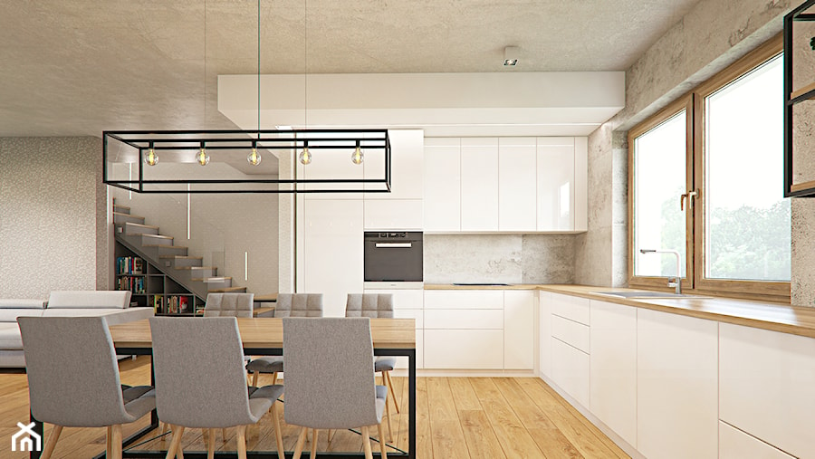 002 - Duża z salonem biała szara z zabudowaną lodówką z podblatowym zlewozmywakiem kuchnia w kształcie litery l z oknem, styl industrialny - zdjęcie od SzklarczykDesign