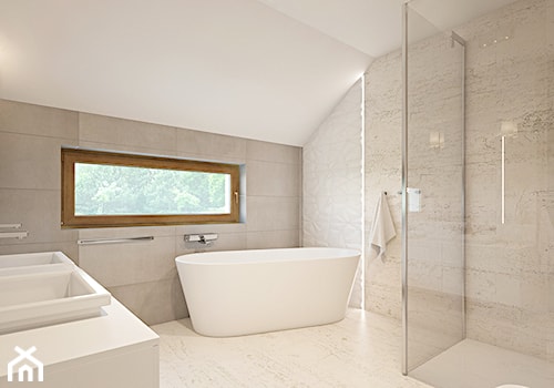 002 - Duża z dwoma umywalkami z marmurową podłogą łazienka z oknem, styl nowoczesny - zdjęcie od SzklarczykDesign