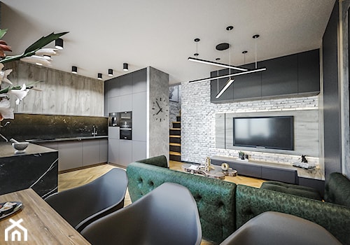 Salon - Średnia otwarta z salonem czarna z zabudowaną lodówką z nablatowym zlewozmywakiem kuchnia w kształcie litery u, styl industrialny - zdjęcie od Vimko Projektowanie Wnętrz