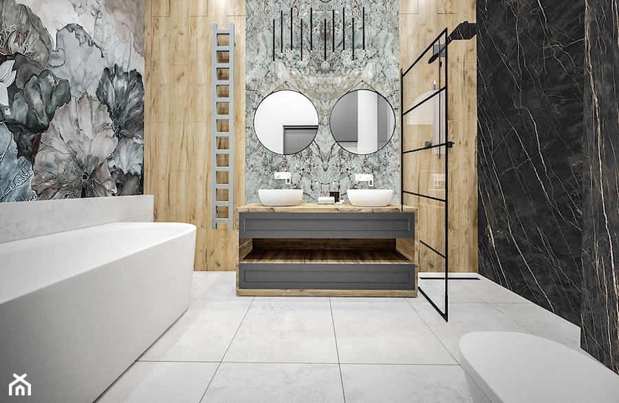 Łazienka wanna wolnostojąca - Średnia bez okna z lustrem z dwoma umywalkami łazienka, styl industrialny - zdjęcie od Vimko Projektowanie Wnętrz