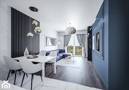 Manon - Średni biały niebieski salon z jadalnią, styl glamour - zdjęcie od Vimko Projektowanie Wnętrz