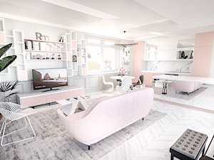 Salon róż z fortepianem - Średni szary salon z kuchnią z jadalnią, styl glamour - zdjęcie od Vimko Projektowanie Wnętrz
