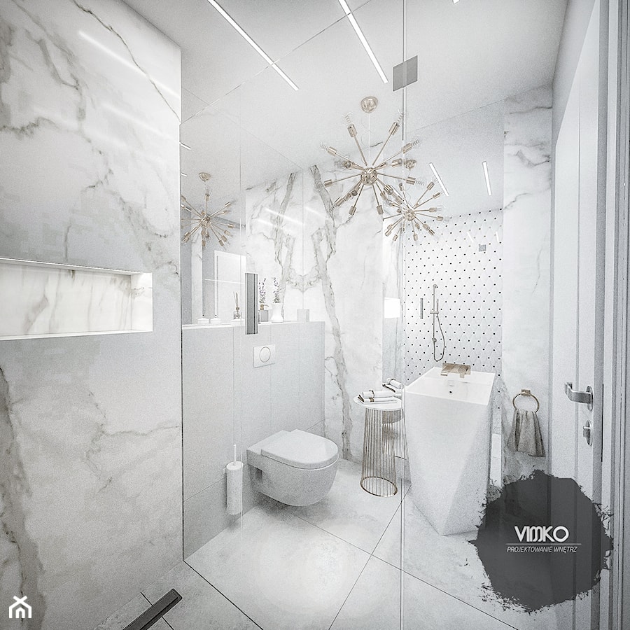 Łazienka Glamour ze złotymi akcentami - Średnia bez okna z lustrem łazienka, styl glamour - zdjęcie od Vimko Projektowanie Wnętrz
