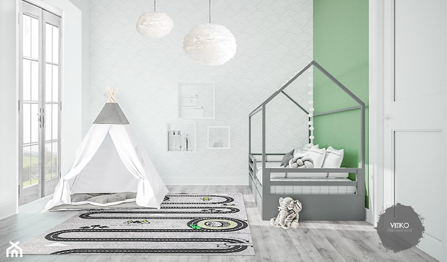Pokój dziecięcy zieleń - Średni biały zielony pokój dziecka dla dziecka dla chłopca, styl nowoczesny - zdjęcie od Vimko Projektowanie Wnętrz