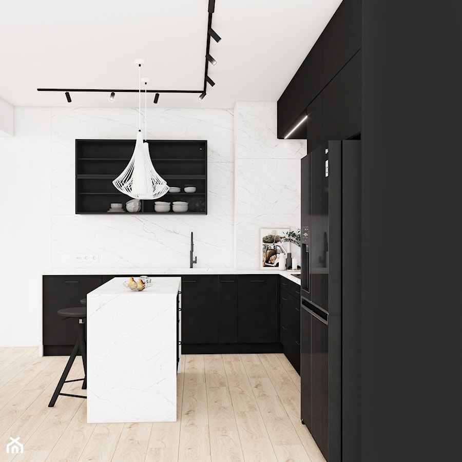Czarna minimalistyczna kuchnia z frontami akrylowymi - zdjęcie od Vimko Projektowanie Wnętrz