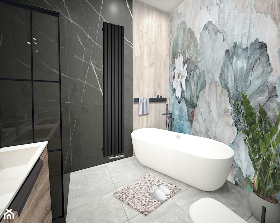 Łazienka wanna wolnostojąca - Średnia bez okna z dwoma umywalkami łazienka, styl nowoczesny - zdjęcie od Vimko Projektowanie Wnętrz