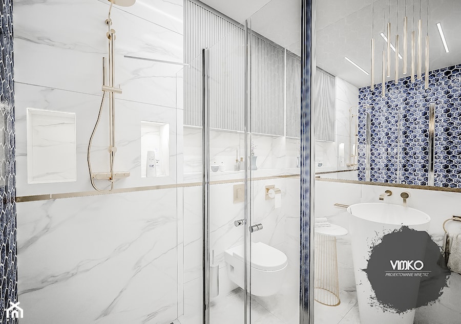 Łazienka Glamour ze złotymi akcentami - Średnia bez okna łazienka, styl nowoczesny - zdjęcie od Vimko Projektowanie Wnętrz