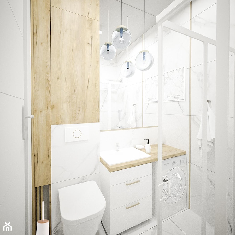 Biała łazienka z drewnem i złotymi dodatkami - zdjęcie od Vimko Projektowanie Wnętrz
