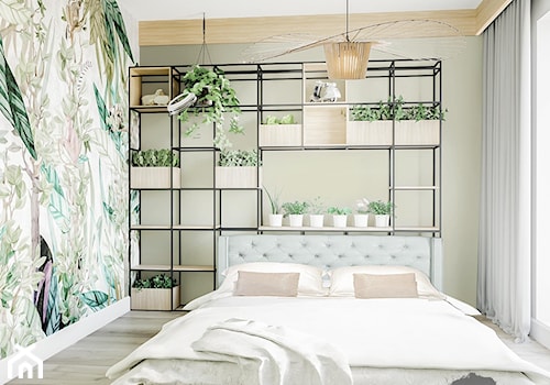 Sypialnia boho z motywem dżungli - Średnia szara sypialnia, styl vintage - zdjęcie od Vimko Projektowanie Wnętrz