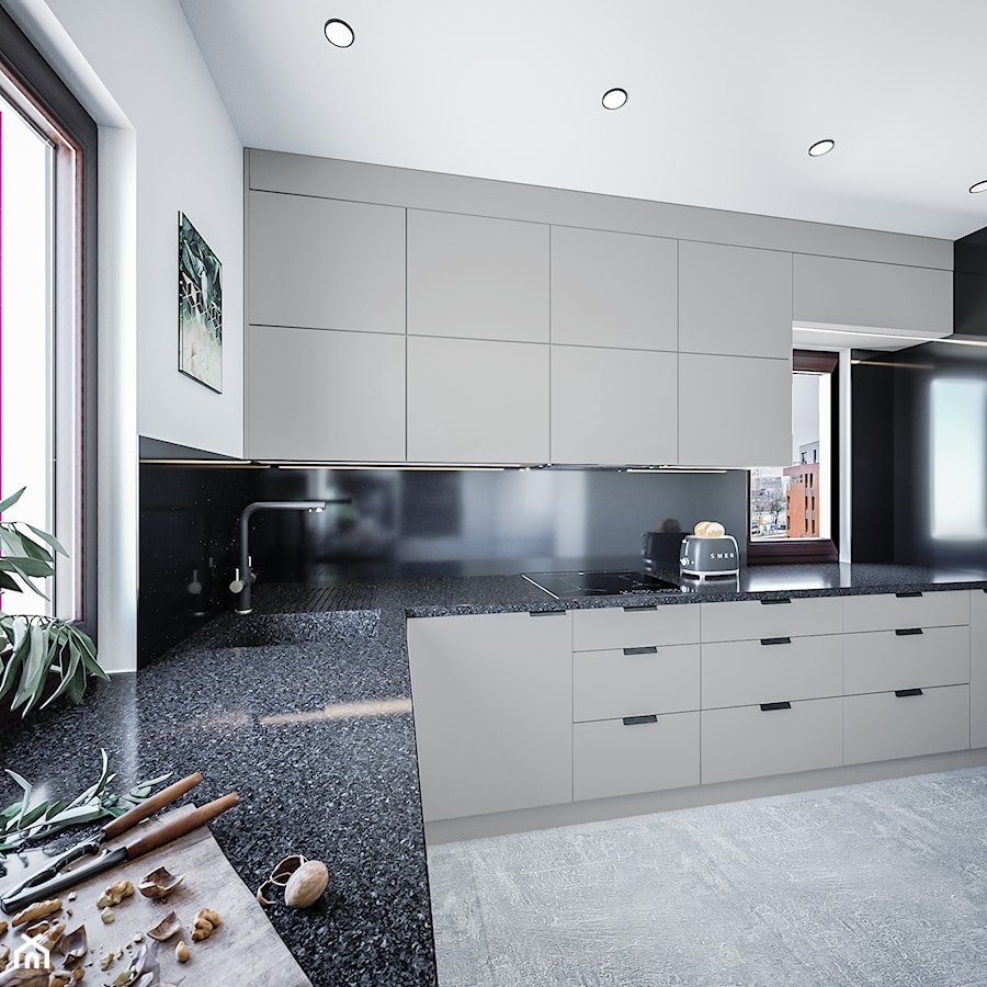 Black andromeda - Średnia zamknięta z kamiennym blatem biała czarna z zabudowaną lodówką z podblatowym zlewozmywakiem kuchnia w kształcie litery l z oknem, styl nowoczesny - zdjęcie od Vimko Projektowanie Wnętrz