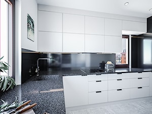 Black andromeda - Średnia zamknięta z kamiennym blatem biała czarna z zabudowaną lodówką z podblatowym zlewozmywakiem kuchnia w kształcie litery l z oknem, styl nowoczesny - zdjęcie od Vimko Projektowanie Wnętrz