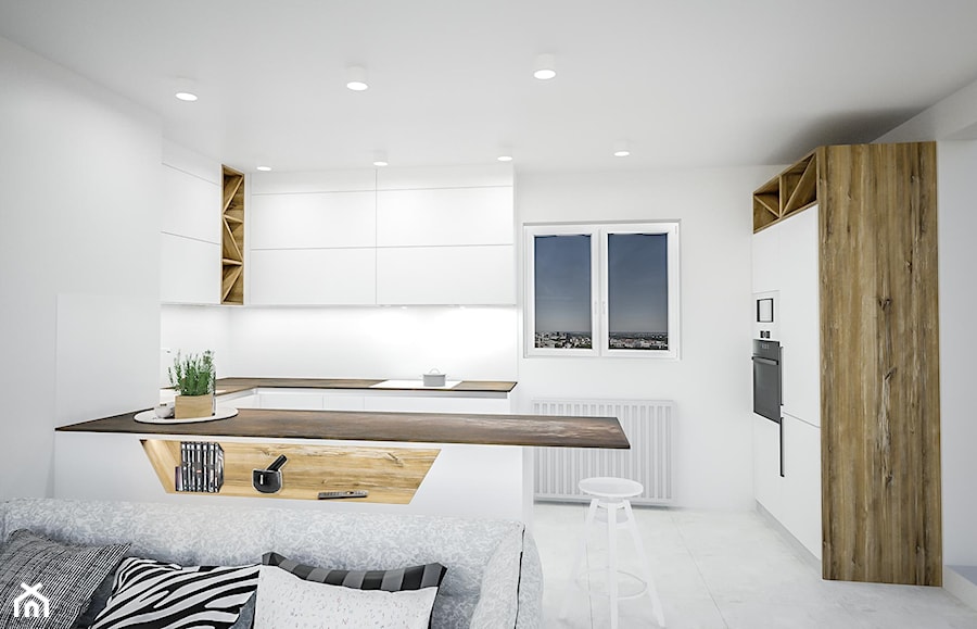 Ossido - Średnia otwarta z salonem biała z zabudowaną lodówką z nablatowym zlewozmywakiem kuchnia w kształcie litery u dwurzędowa z oknem, styl nowoczesny - zdjęcie od Vimko Projektowanie Wnętrz