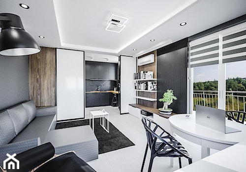 Minimalistyczny salon - Duży czarny salon z kuchnią z jadalnią, styl minimalistyczny - zdjęcie od Vimko Projektowanie Wnętrz