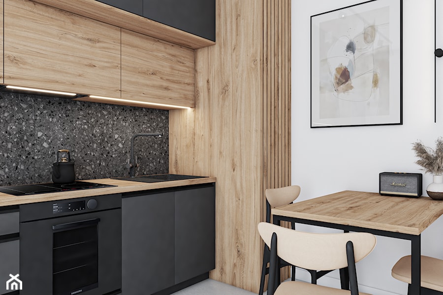 Terazzo Graphite - Mała otwarta szara z nablatowym zlewozmywakiem kuchnia jednorzędowa, styl nowoczesny - zdjęcie od Vimko Projektowanie Wnętrz