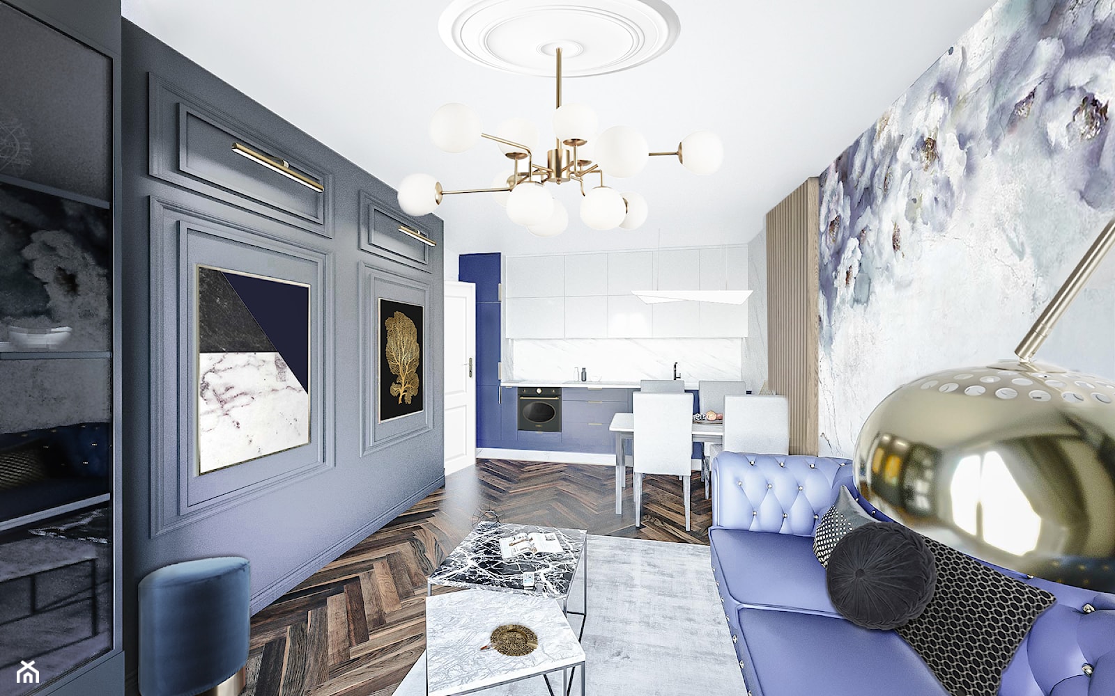 Manon - Średni biały szary salon z kuchnią z jadalnią, styl glamour - zdjęcie od Vimko Projektowanie Wnętrz - Homebook