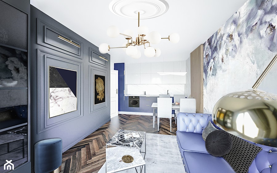 Manon - Średni biały szary salon z kuchnią z jadalnią, styl glamour - zdjęcie od Vimko Projektowanie Wnętrz