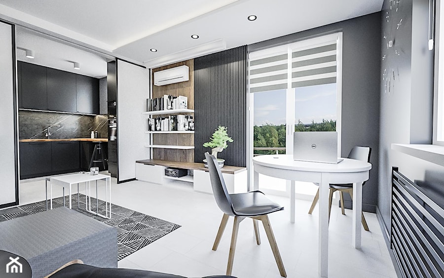 Minimalistyczny salon - Średni czarny salon z kuchnią z jadalnią, styl minimalistyczny - zdjęcie od Vimko Projektowanie Wnętrz