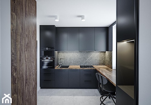 Kungsbacka - Średnia otwarta z salonem biała czarna szara z zabudowaną lodówką z nablatowym zlewozmywakiem kuchnia w kształcie litery l z oknem, styl minimalistyczny - zdjęcie od Vimko Projektowanie Wnętrz