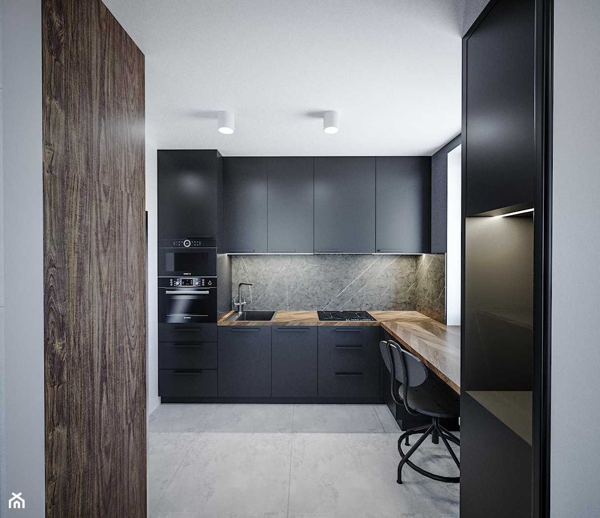 Kungsbacka - Średnia otwarta z salonem biała czarna szara z zabudowaną lodówką z nablatowym zlewozmywakiem kuchnia w kształcie litery l z oknem, styl minimalistyczny - zdjęcie od Vimko Projektowanie Wnętrz - Homebook