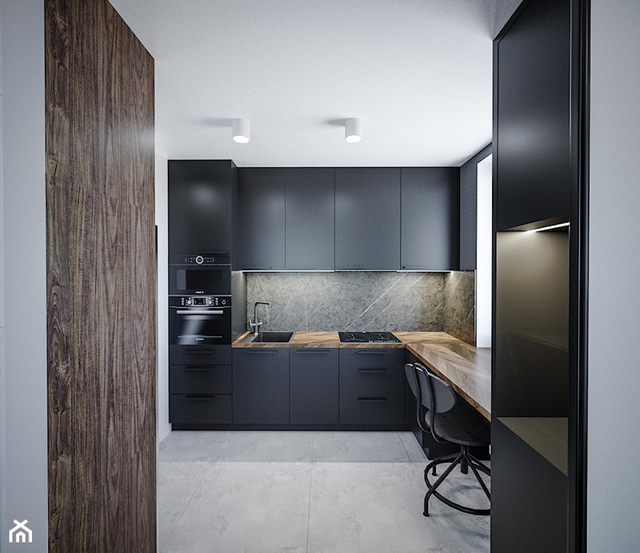 Kungsbacka - Średnia otwarta z salonem biała czarna szara z zabudowaną lodówką z nablatowym zlewozmywakiem kuchnia w kształcie litery l z oknem, styl minimalistyczny - zdjęcie od Vimko Projektowanie Wnętrz