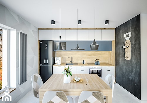 Midnight Blue - Średnia otwarta z salonem biała czarna szara z zabudowaną lodówką z nablatowym zlewozmywakiem kuchnia jednorzędowa z oknem, styl skandynawski - zdjęcie od Vimko Projektowanie Wnętrz