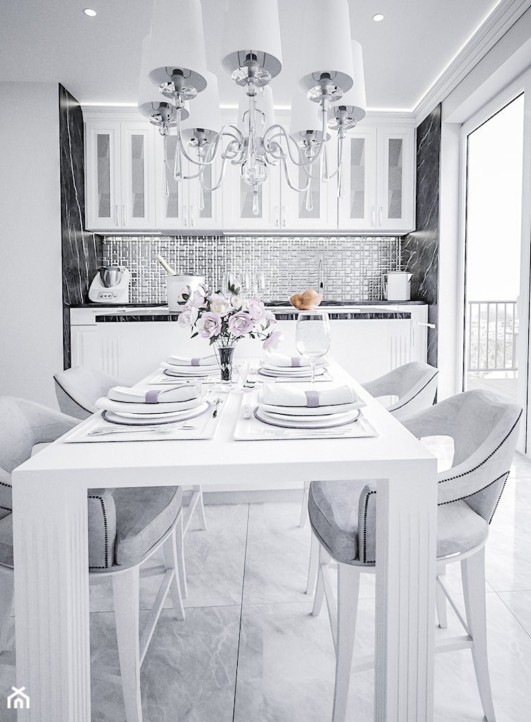 Kuchnia w stylu glamour - Mała otwarta z salonem biała czarna szara z zabudowaną lodówką z nablatowy ... - zdjęcie od Vimko Projektowanie Wnętrz - Homebook