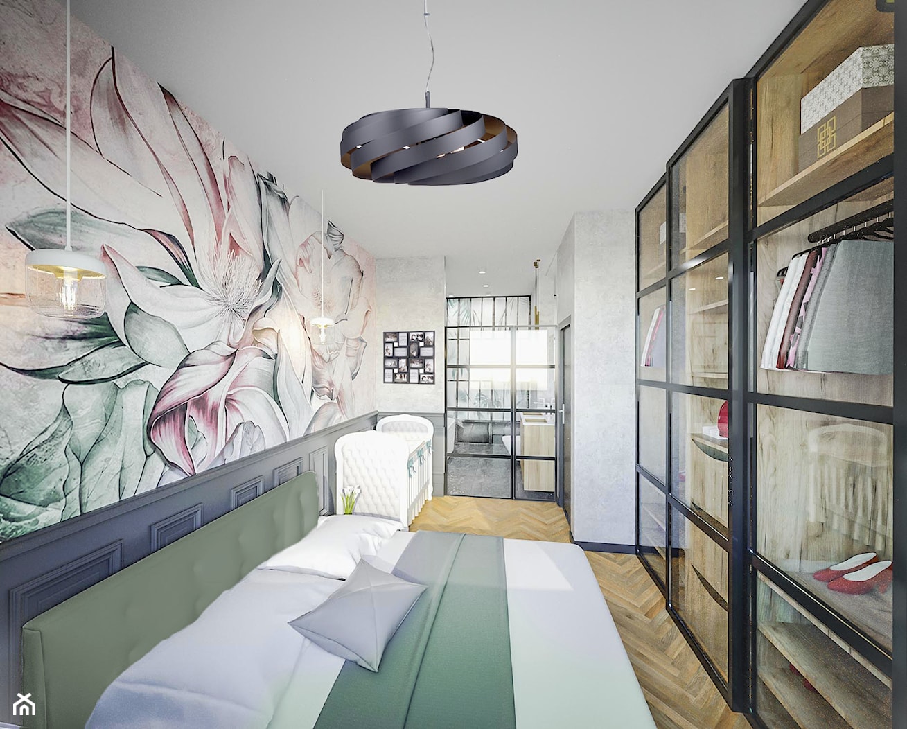 Sypialnia połączona z łazienką - Mała szara sypialnia, styl nowoczesny - zdjęcie od Vimko Projektowanie Wnętrz - Homebook