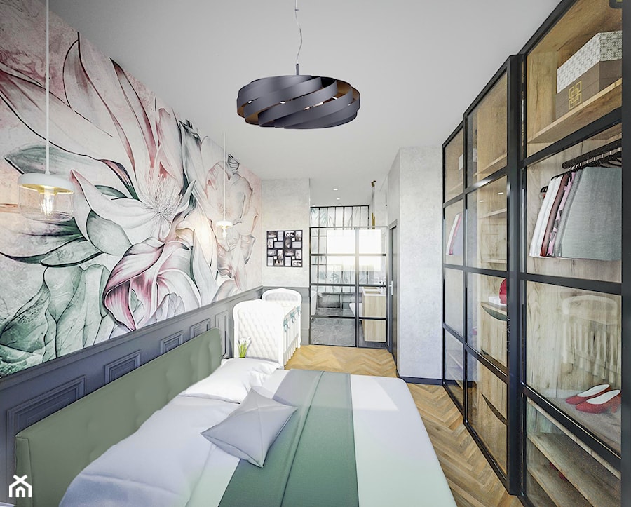 Sypialnia połączona z łazienką - Mała szara sypialnia, styl nowoczesny - zdjęcie od Vimko Projektowanie Wnętrz