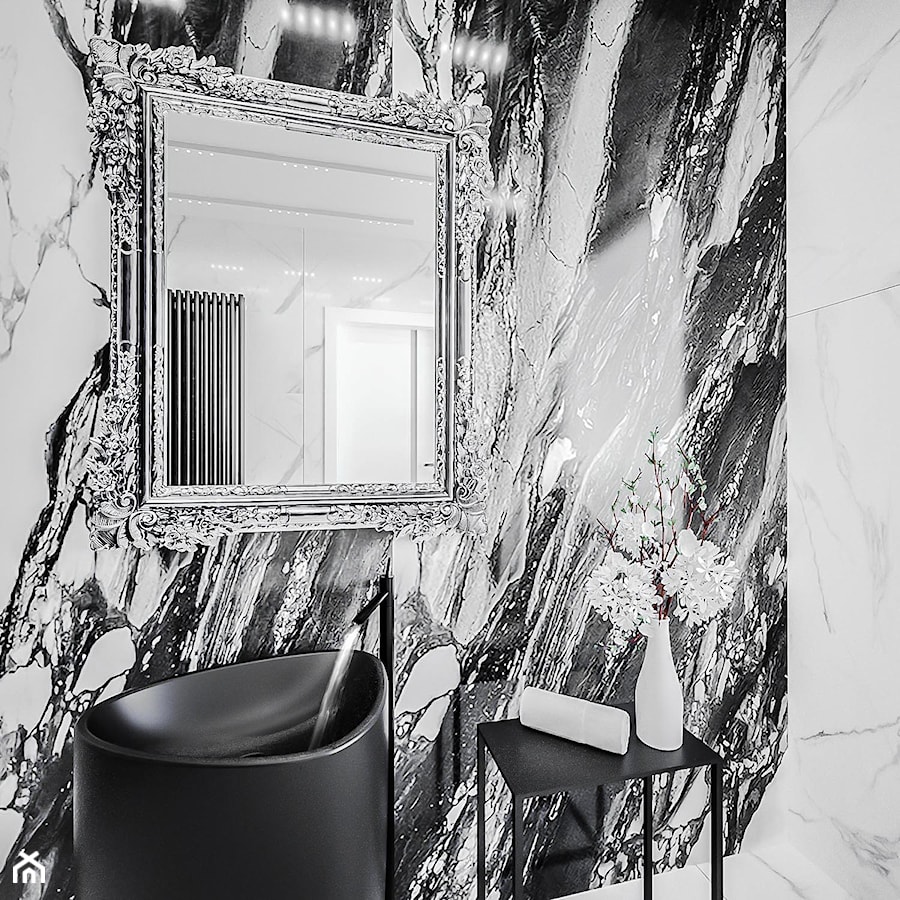 Tele Di Marmo - Mała bez okna z lustrem z marmurową podłogą łazienka, styl glamour - zdjęcie od Vimko Projektowanie Wnętrz